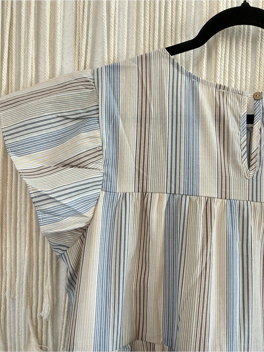 PERCH Striped Tiered Flutter Sleeve Mini Dress Blue & Taupe Flowy Babydoll Dress - Picture 11 of 16